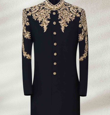 Dark-Black-Wedding-Sherwani-With-Golden